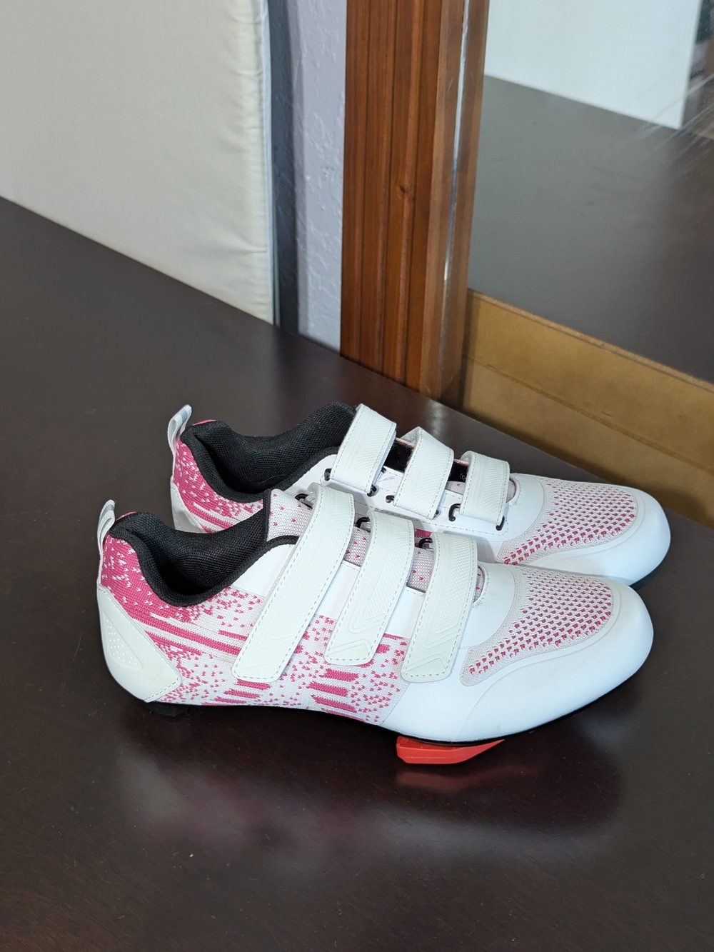 White and Pink Cycling Shoes with Hook-and-Loop Straps/ Clip On